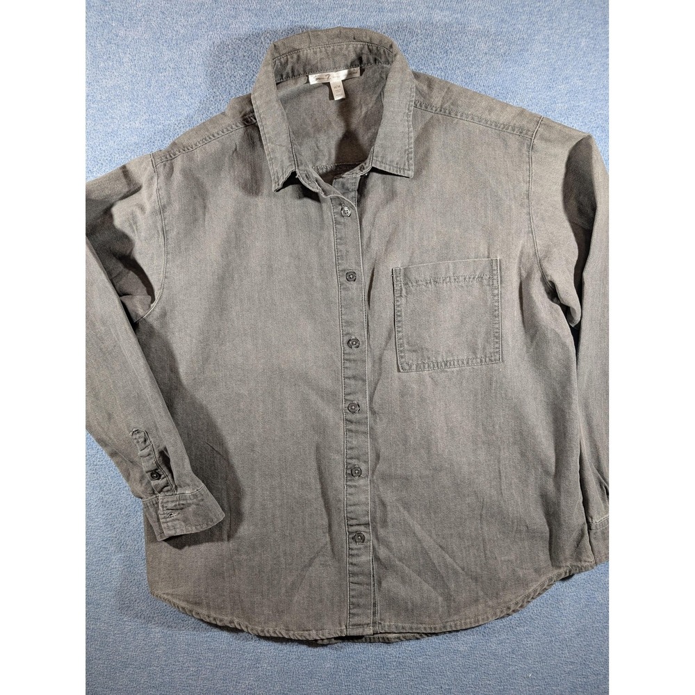 Seven7 Womens MED Shirt Gray Denim Button Down Long Sleeve Casual Workwear Wash